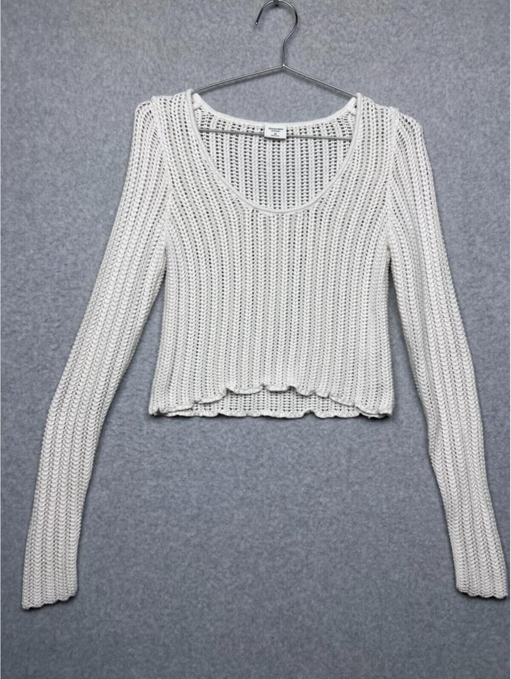 Abercrombie Fitch Open Knit Crochet Crop Sweater S Cotton Scoop Neck Lettuce Hem